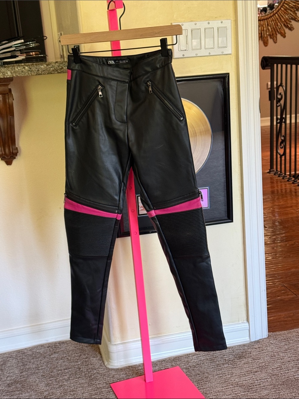 Zara Black Faux Leather Moto Pants with Pink Accents